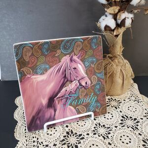 Farmhouse Cracker Barrel Brown Paisley Ceramic Horse "Family" Square Plate 8"